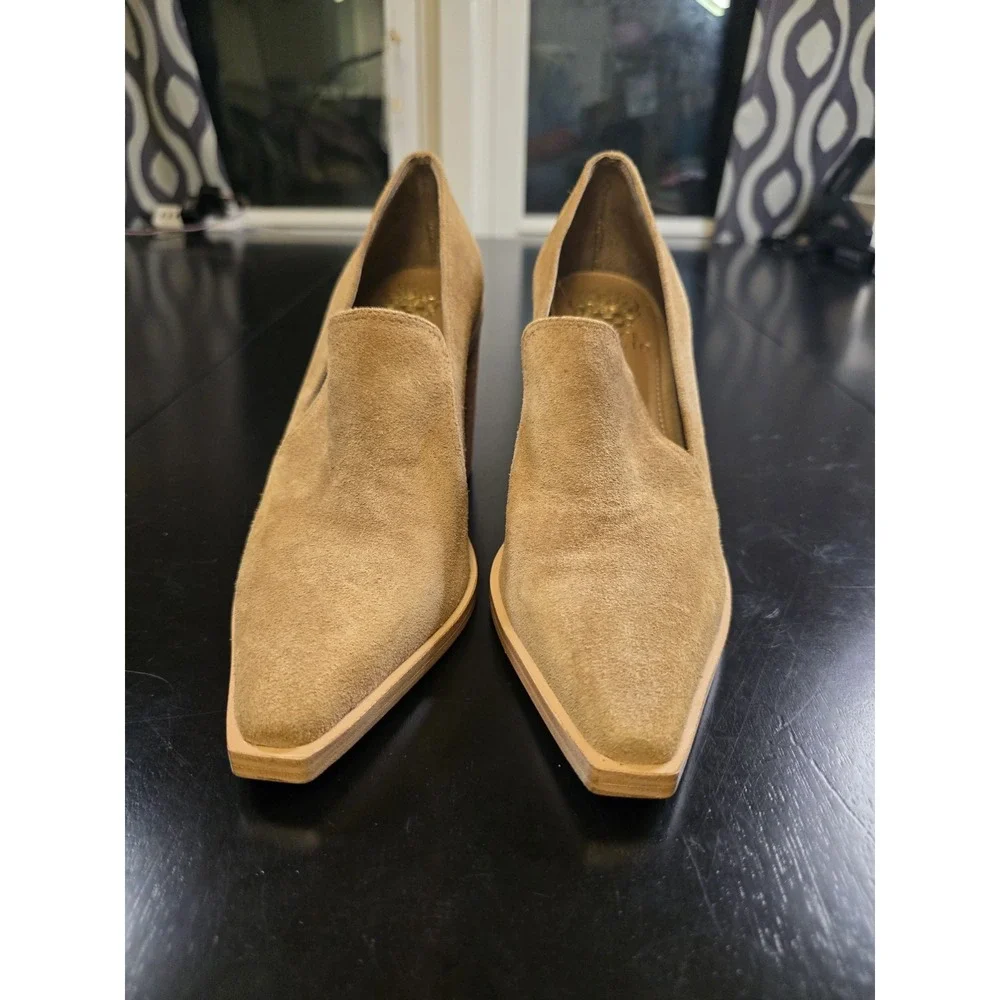 Vince Camuto Wevenly‎ Suede Block Heel Pumps Tan Camel Pointed Toe Womens 7M...